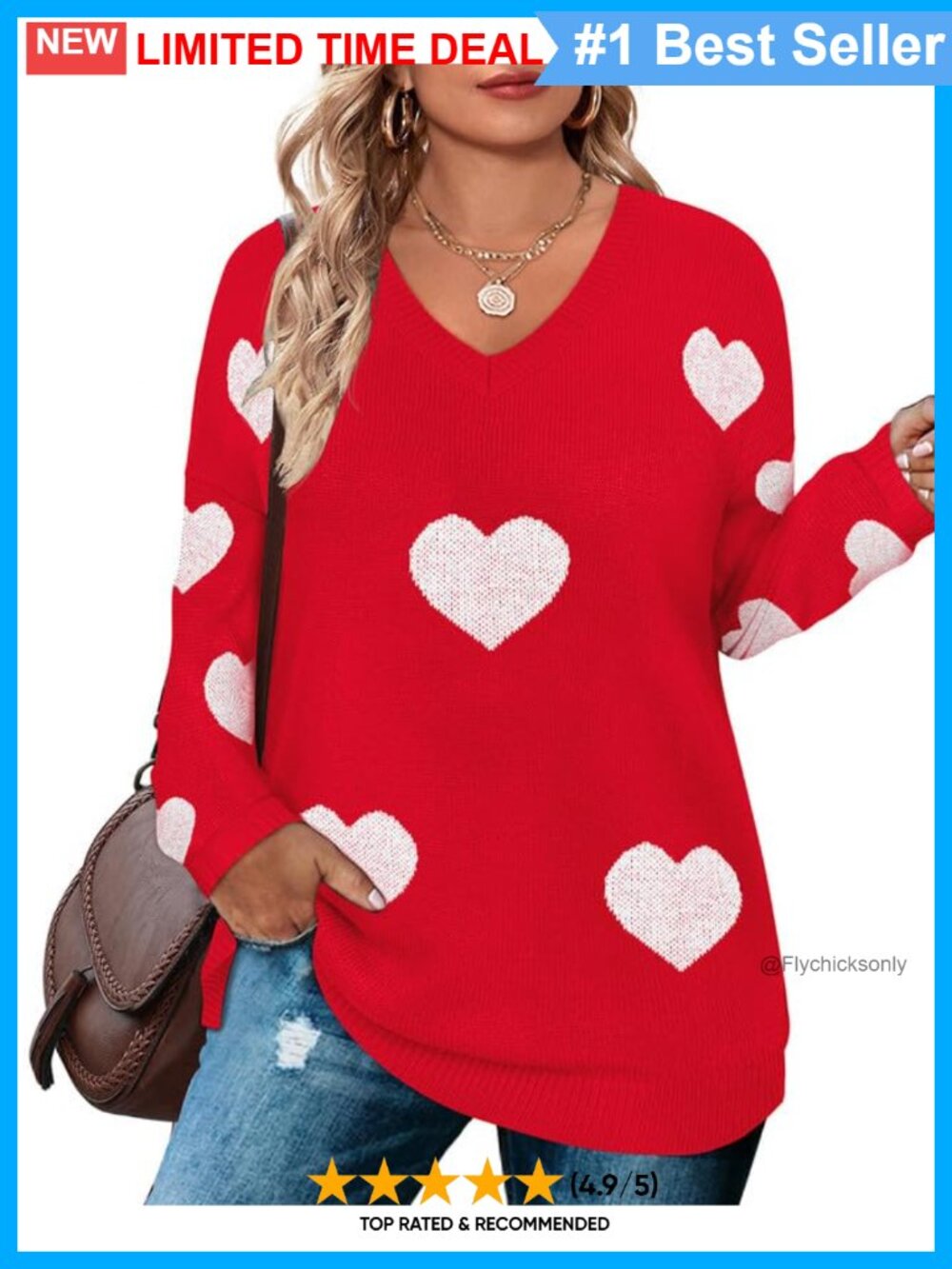 Plus Size Sweater Heart Print Off Shoulder Knit Pullover Long Sleeve